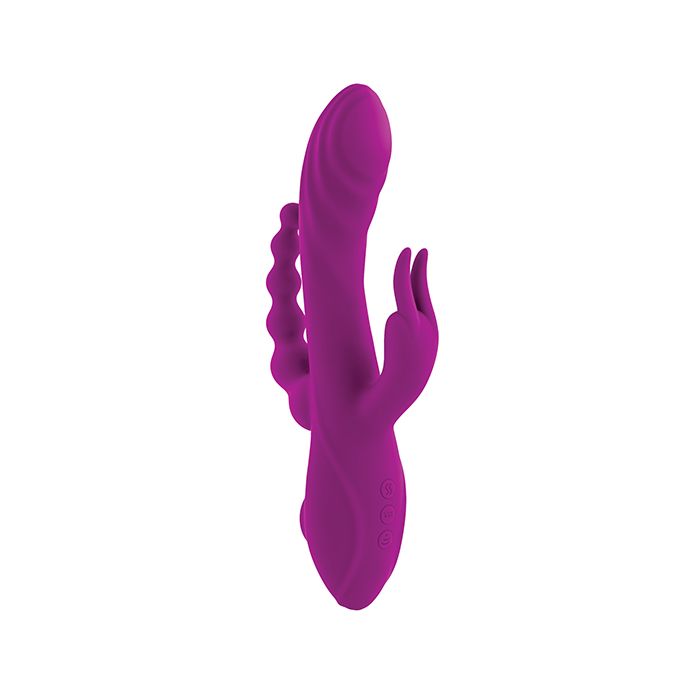 Evolved Fourgasm vibrator control buttons and clitoral bunny ears with gspot and anal and suction features shown on white background
