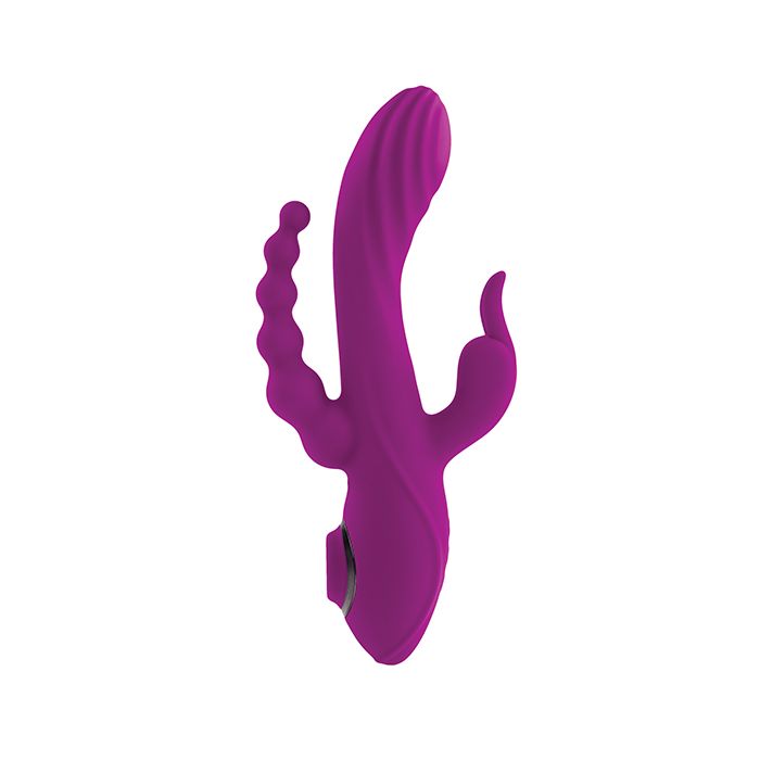 Evolved Fourgasm Triple Vibrator shaped like a cactus with anal, vaginal and clitoral aspects on a white background