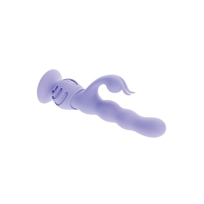 Purple Evolved Wiggly Bunny Vibrator on its side with Suction cup attachment on a white background