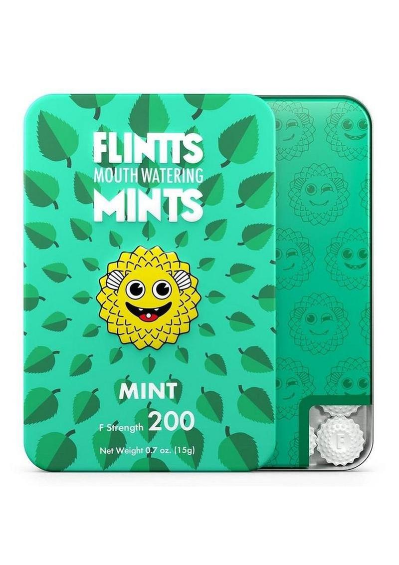 Flintts Mints Mouth Watering Oral Delights - Mint (F Strength 200) green packaging with yellow cartoon character smiling on the front