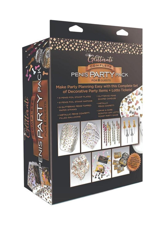 Contents of Glitterati Penis Party Pack - Black/Gold by Little Genie