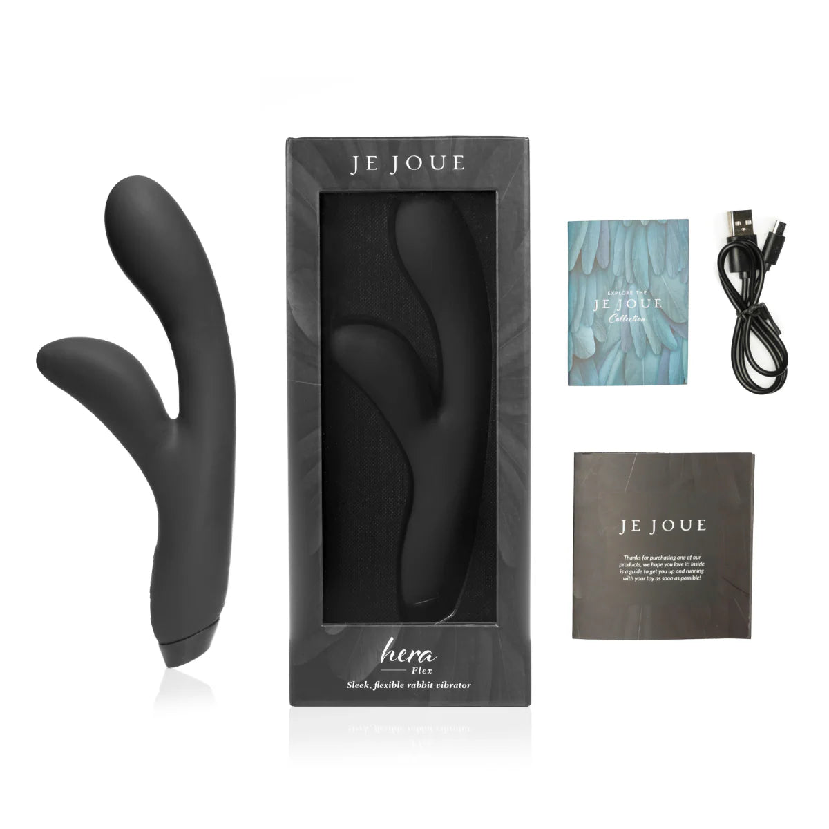 Black Je Joue Hera Flex Vibrator with packaging, USB cable, and manual on a white background