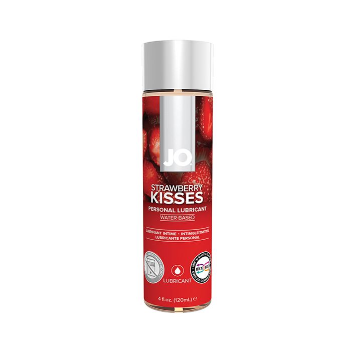 Bottle of JO H20 Strawberry kisses flavored personal lubricant on a white background