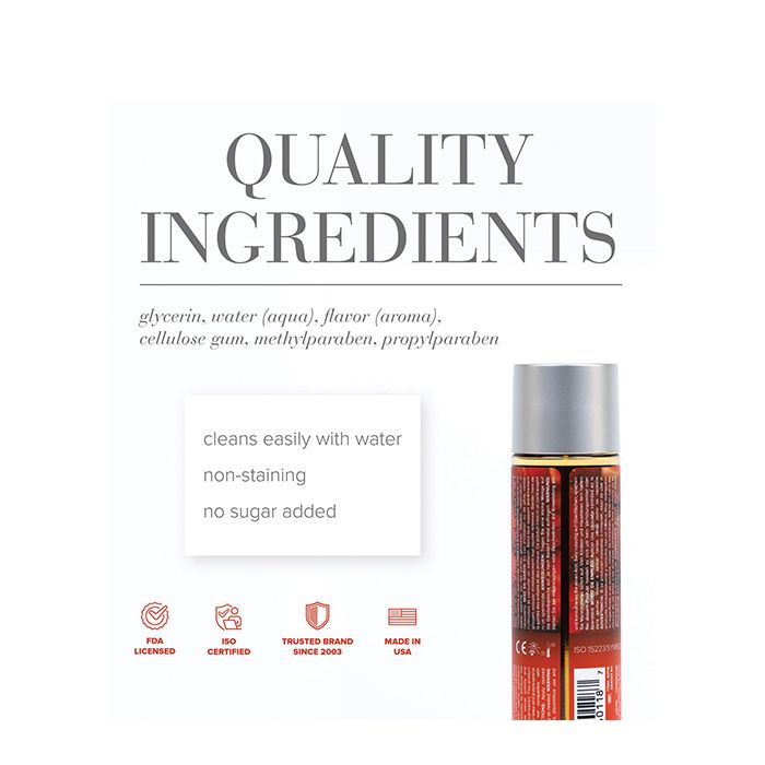 Bottle of JO H20 Strawberry kisses with ingredients list and features on a white background