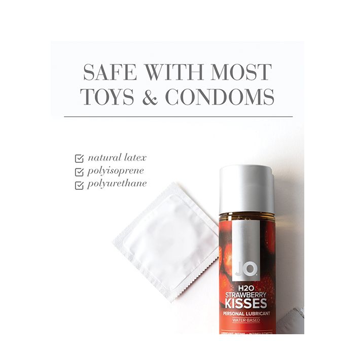 Lubricant bottle labeled 'JO h20 Strawberry Kisses' with packaging on a white background