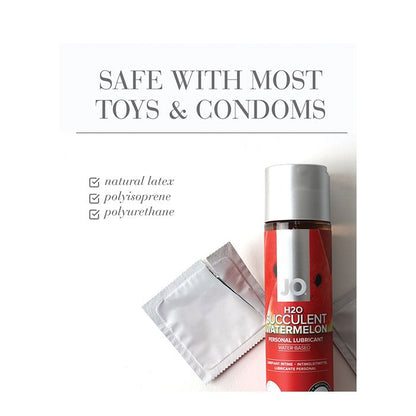 Red bottle of JO H2O Succulent Watermelon personal lubricant with packaging on a white background.