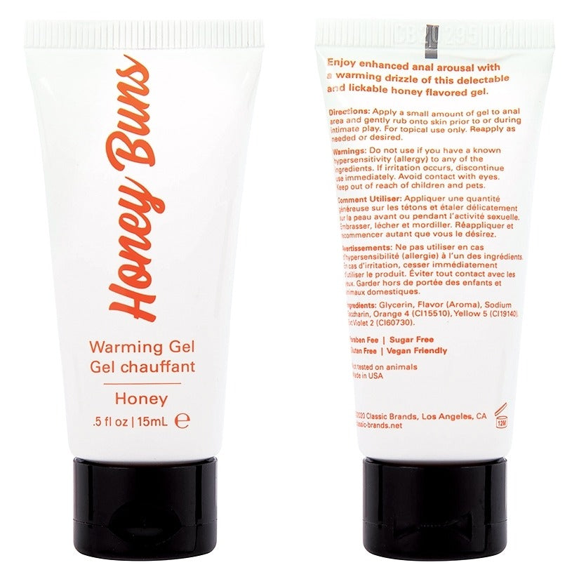 Tube of Honey Buns Warming Gel with list of ingredients in text on a white background by Jelique.