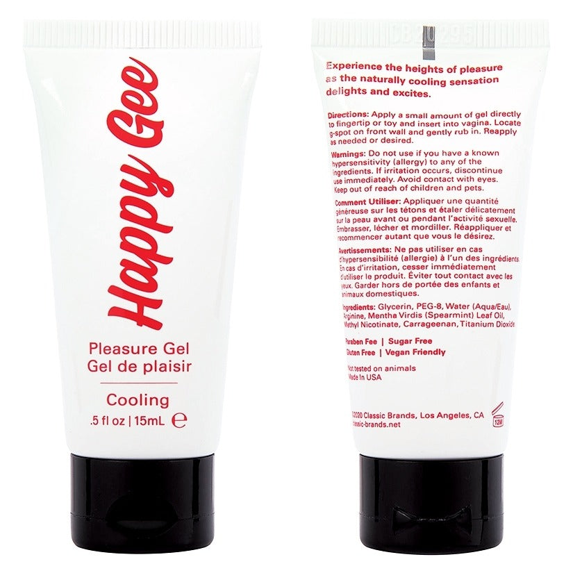 Tube of Jelique Happy Gee pleasure gel with red text on a white background detailing ingredients