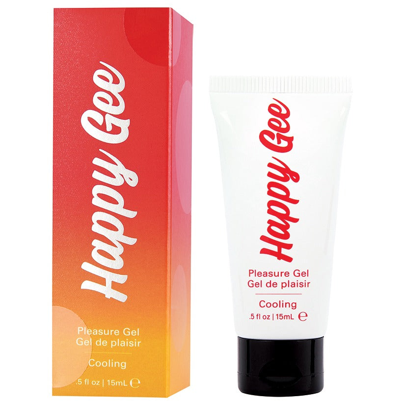 Happy Gee pleasure gel packaging with red and orange gradient box and white tube.