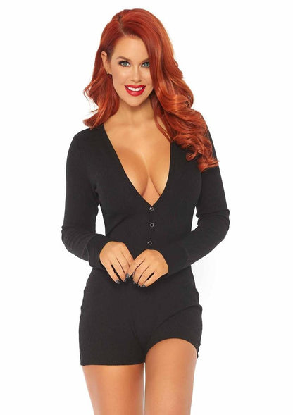 Leg Avenue Brushed Rib Long Johns Romper in black with deep-V neckline, front view