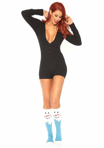Leg Avenue Brushed Rib Long Johns Romper in black with deep-V neckline, front view paired with socks on a white background