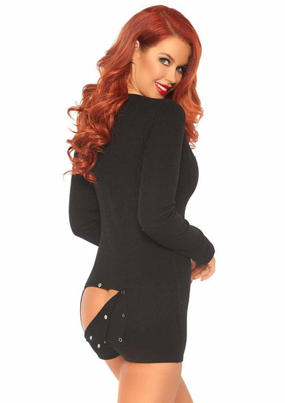 Leg Avenue Brushed Rib Long Johns Romper in black with deep-V neckline, back view with snap closure