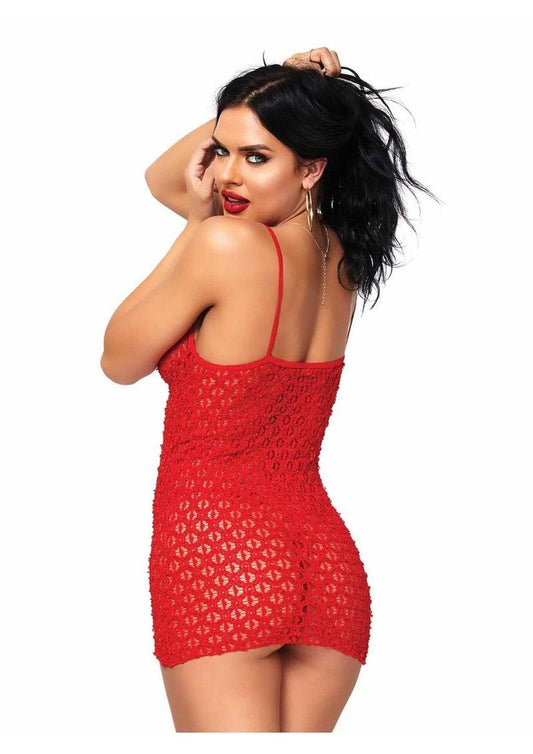 Woman wearing a Leg Avenue red Mini Dress with Lace Up Front & G-String on a white background