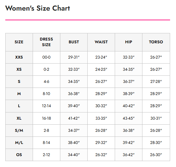 Leg Avenue Lingerie size chart for Women for dresses with measurements in inches.