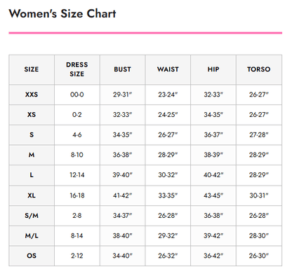 Leg Avenue Lingerie size chart for Women for dresses with measurements in inches.