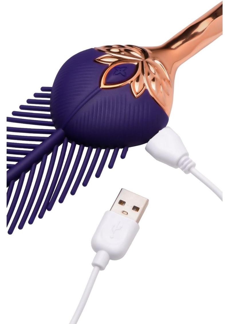 Master Series The Tickler Vibrating Rechargeable Silicone Feather Tickler - Purple/Rose Gold and USB cable on a white background
