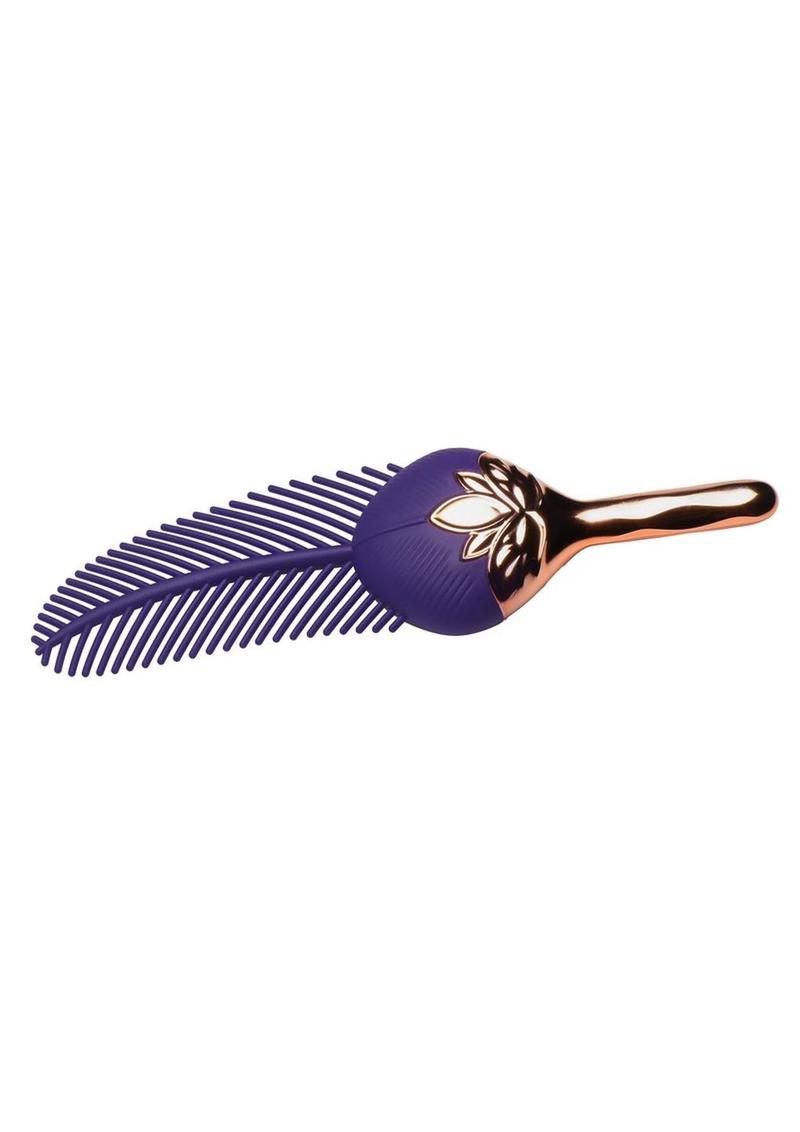 Master Series The Tickler Vibrating Rechargeable Silicone Feather Tickler - Purple/Rose Gold on a white background