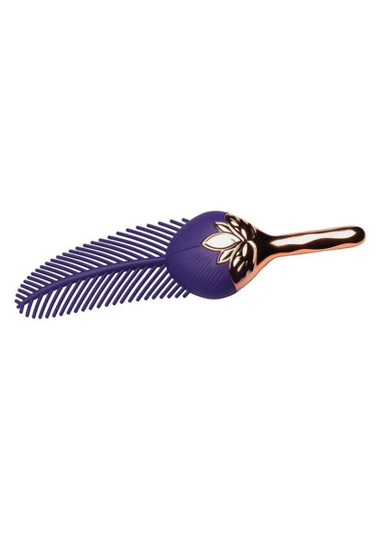 Master Series The Tickler Vibrating Rechargeable Silicone Feather Tickler - Purple/Rose Gold on a white background