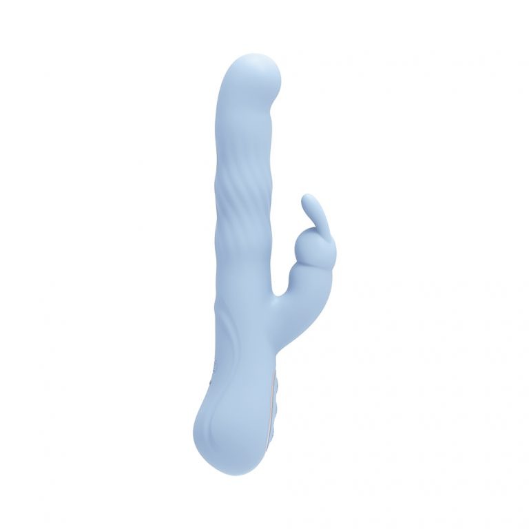 Blue silicone toy on a white background made by Nobu essentials Ravi waving dual action vibrator