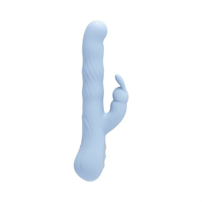 Blue silicone toy on a white background made by Nobu essentials Ravi waving dual action vibrator