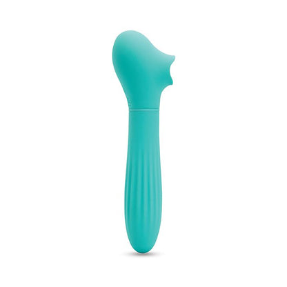 Profile view of Nu Sensuelle Daisy Rechargeable Silicone Triple Action Thrusting Tongue Suction Vibrator - Electric Blue on a white background