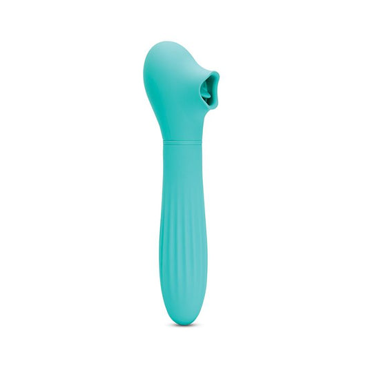 Nu Sensuelle Daisy Rechargeable Silicone Triple Action Thrusting Tongue Suction Vibrator - Electric Blue on a white background