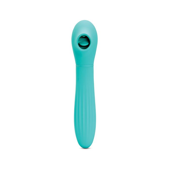 Nu Sensuelle Daisy Rechargeable Silicone Triple Action Thrusting Tongue Suction Vibrator - Electric Blue on a white background