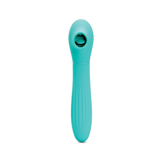 Nu Sensuelle Daisy Rechargeable Silicone Triple Action Thrusting Tongue Suction Vibrator - Electric Blue on a white background