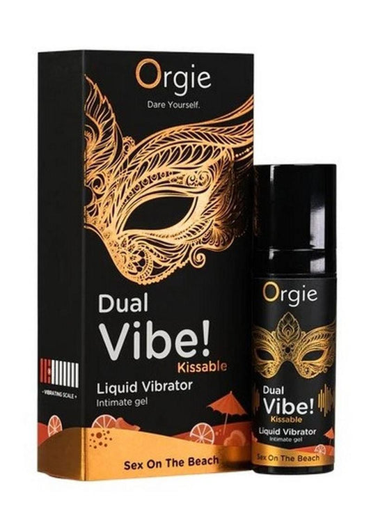 Orgie Dual Vibe Kissable liquid vibrator packaging with gold mask design on a black background at Texas Love Shop
