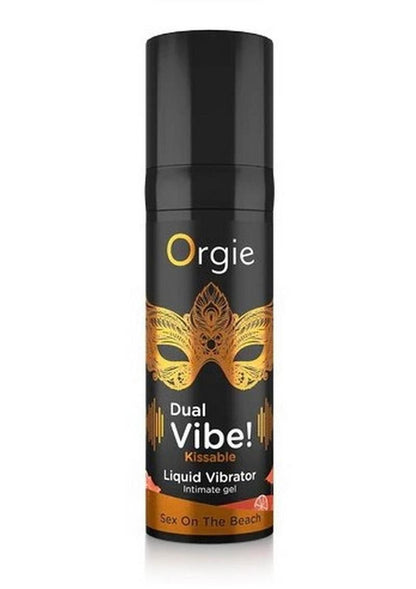 Orgie Dual Vibe liquid vibrator packaging with a black and gold design on a white background at Texas Love Shop