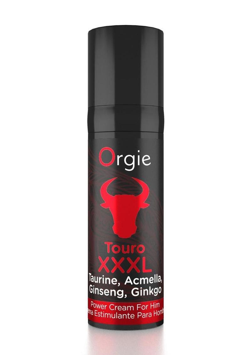 Black and red container of Orgie Touro XXXL power cream for men on a white background