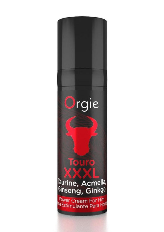 Black and red container of Orgie Touro XXXL power cream for men on a white background