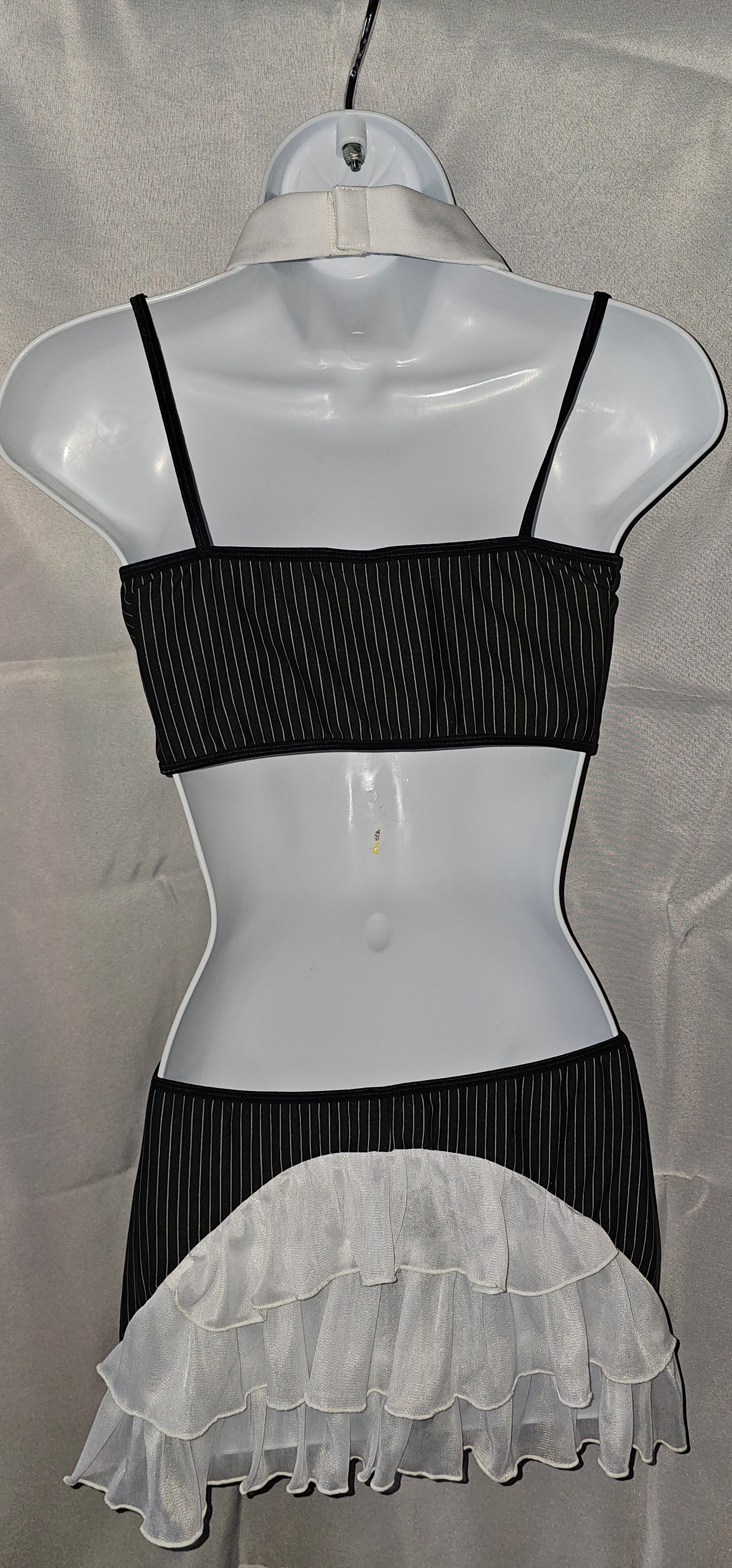 Rene Rofe Pinstripe lingerie set back view with ruffles