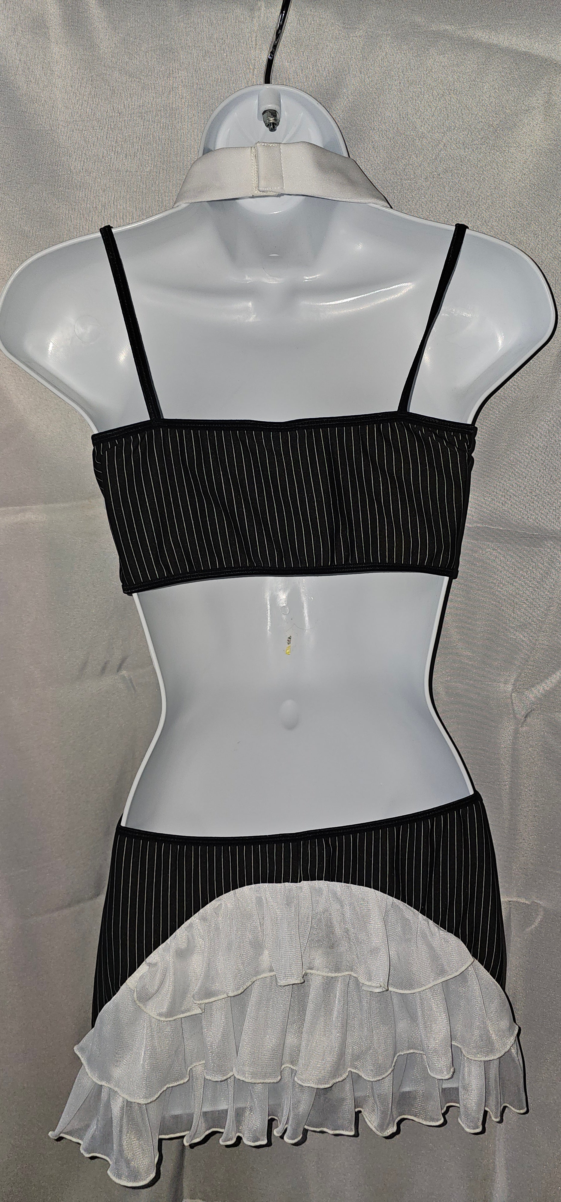 Rene Rofe Pinstripe lingerie set back view with ruffles