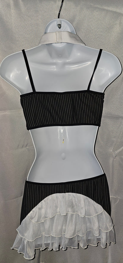 Rene Rofe Pinstripe lingerie set back view with ruffles