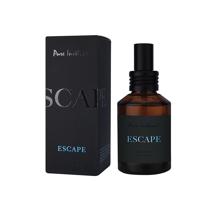 Bottle of Escape Pheromone Cologne by Pure Instinct standing upright with sleek black label and black cap.