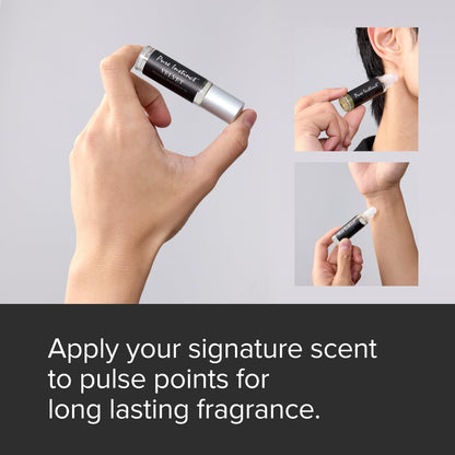 How to apply Pure Instinct Velvet Pheromone rollerball cologne using model's hand, neck, wrist on a white background with text that says "apply your signature scent to pulse points for long lasting frangrance."