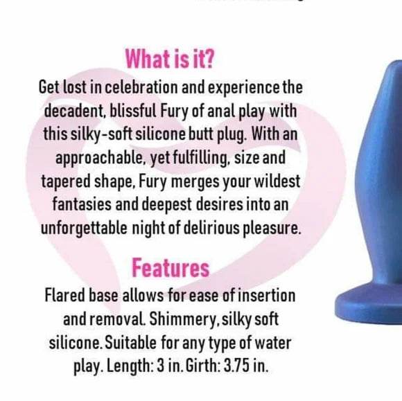 Pure Romance Carnivale Fury silicone Butt Plug with descriptive text on a white background telling features of item.