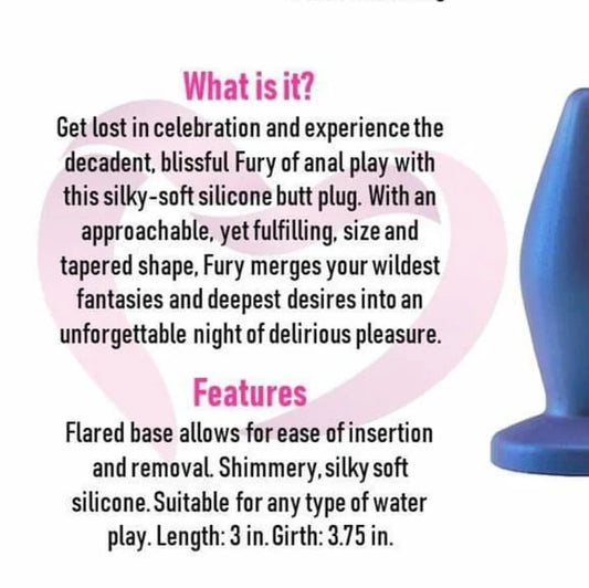 Pure Romance Carnivale Fury silicone Butt Plug with descriptive text on a white background telling features of item.