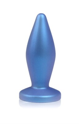 Carnivale Fury Butt Plug with flared base for safe anal play by Pure Romance. Iridescent blue toy on white background.