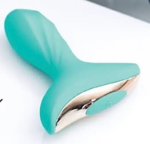 Pure Romance turquoise Kalypso Darya vibrating butt plug with swirled texture and flared base on its side to show texture.