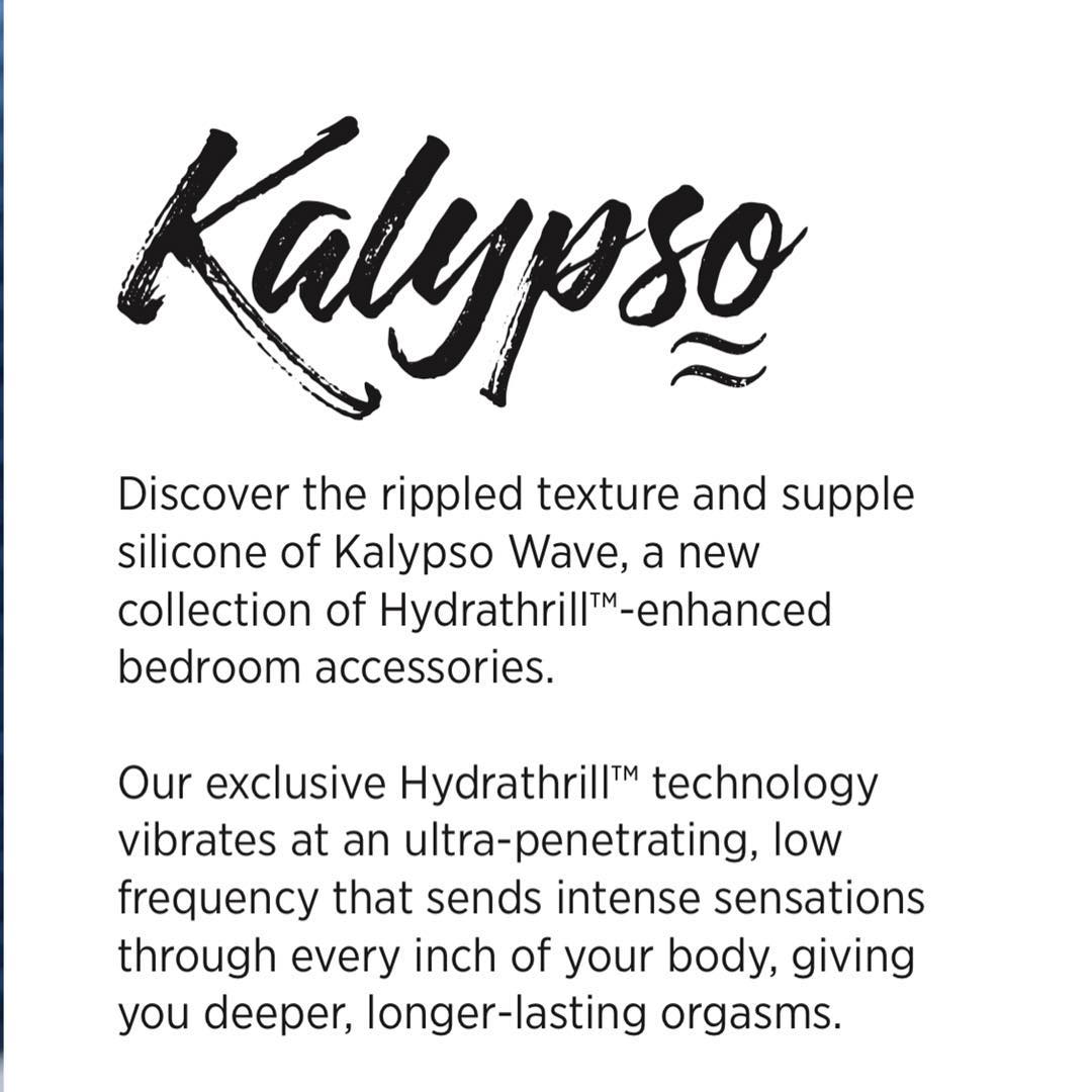 Advertisement for Kalypso Wave bedroom accessories with text about Hydrathrill technology by Pure Romance Kalypso Darya.