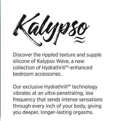 Advertisement for Kalypso Wave bedroom accessories with text about Hydrathrill technology by Pure Romance Kalypso Darya.