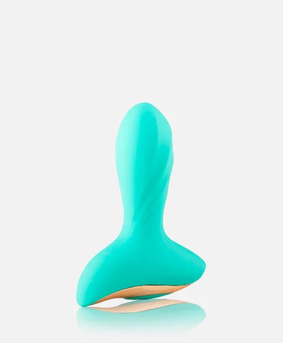 Pure Romance Kalypso Darya turquoise silicone butt plug on a white background