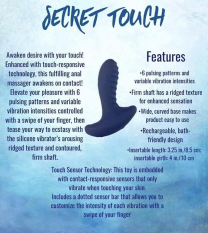Product description of a Pure Romance's 'Secret Touch' anal massager with features listed on a blue background.