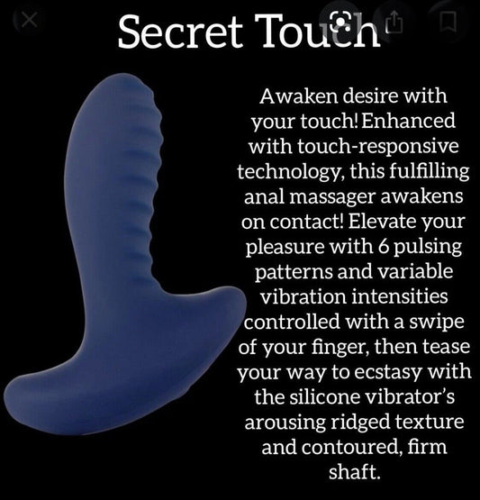 Pure Romance Secret Touch Blue silicone massager with promotional text on a black background