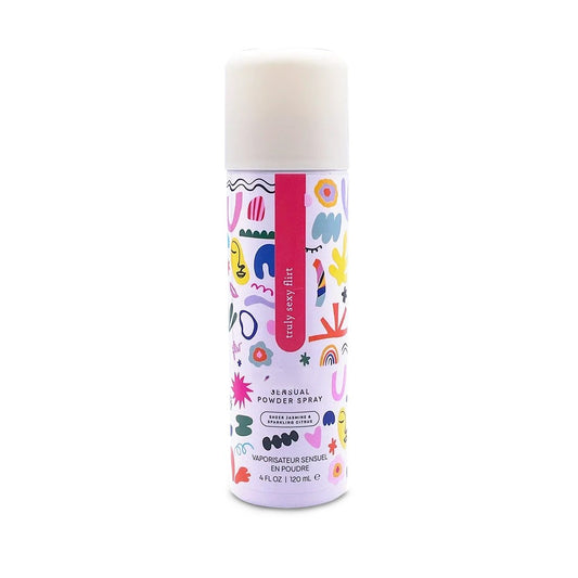 Colorful Pure Romance Between The Sheets Truly Sexy Flirt linen spray bottle with abstract designs on a white background