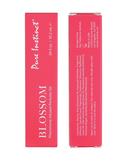 Pure Instinct Pheromone Perfume Oil Roll On Blossom Ingredients front and back of box white background - 10.2 ml - Texas Love Shop