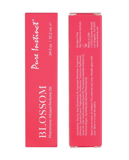 Pure Instinct Pheromone Perfume Oil Roll On Blossom Ingredients front and back of box white background - 10.2 ml - Texas Love Shop