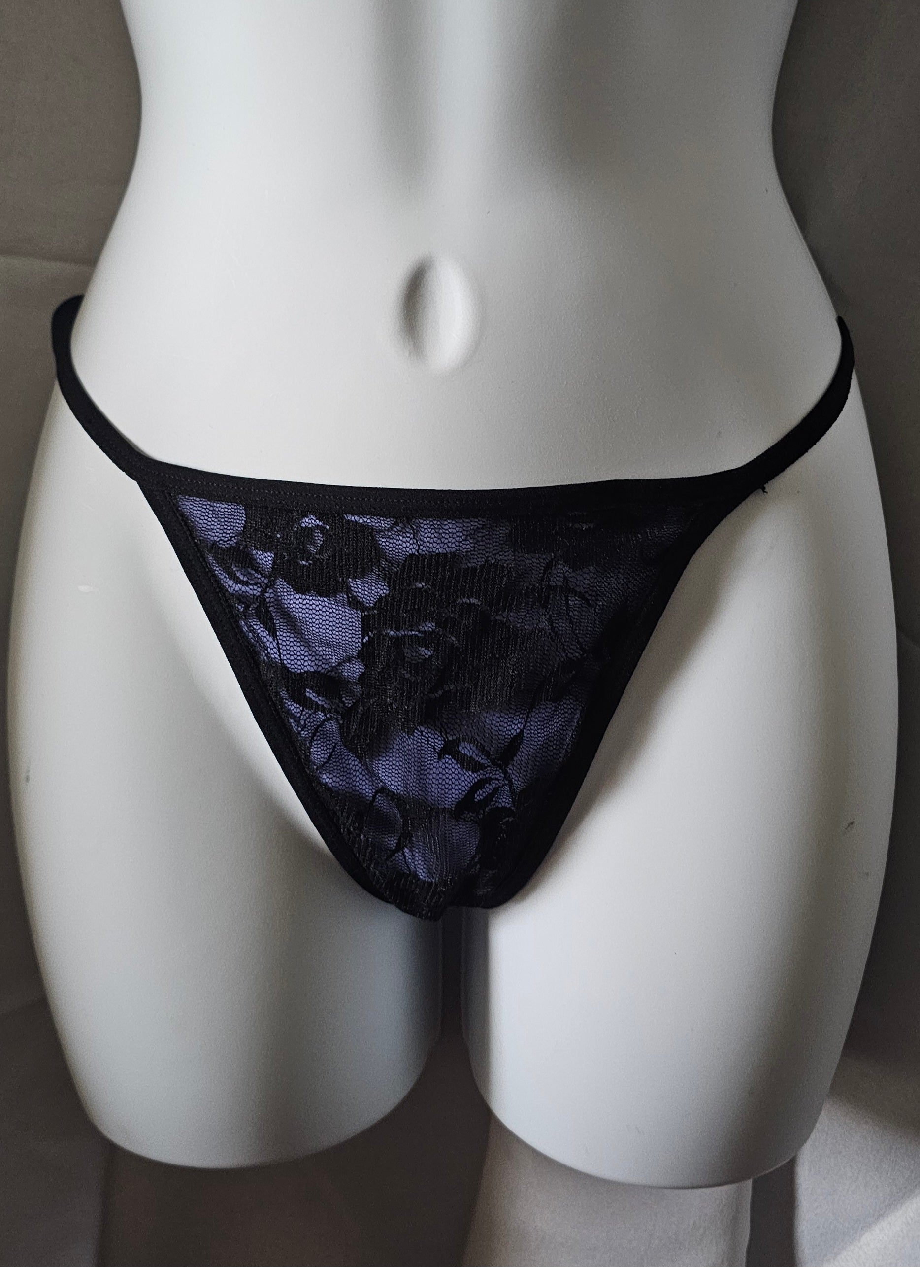 Rene Rofe periwinkle matching thong with black floral lace detail — included with chemise set